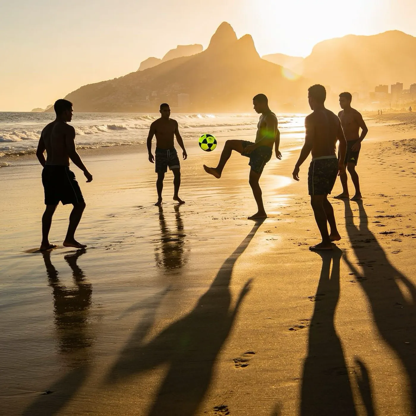 A circle of players keeping an Altinha ball in the air on a Rio de Janeiro beach at sunset